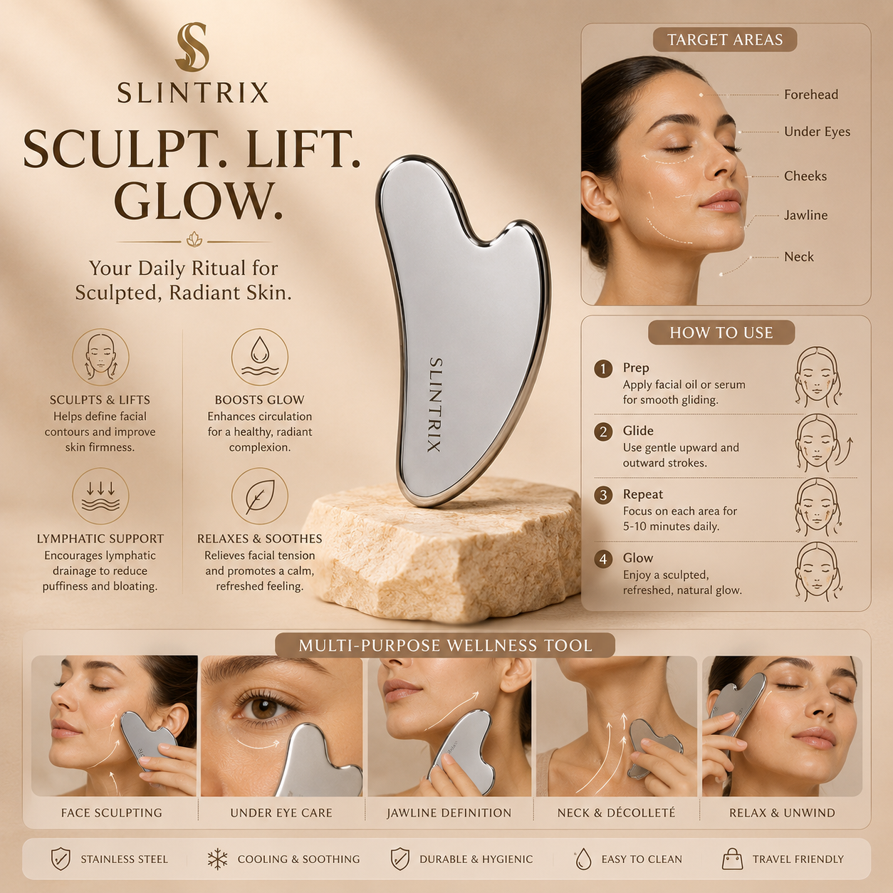 SLINTRIX Stainless Steel Gua Sha | Jawline & Lymphatic Massage