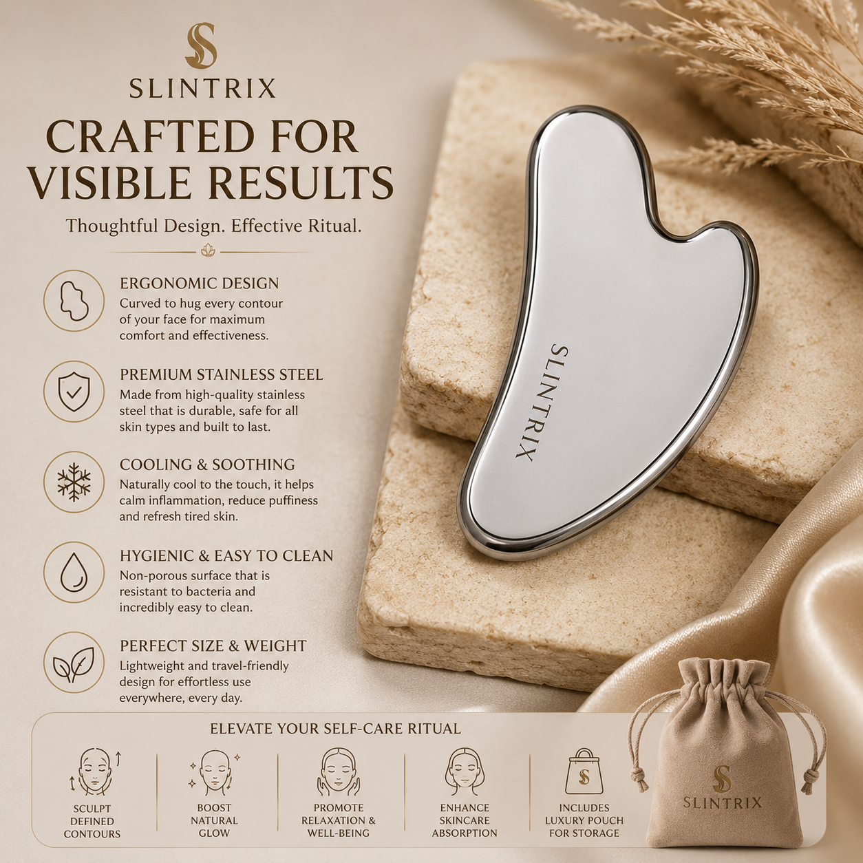 SLINTRIX Stainless Steel Gua Sha | Jawline & Lymphatic Massage